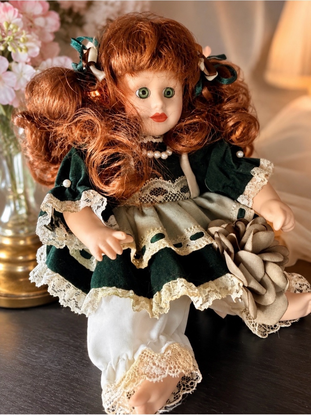 Vintage Porcelain Doll • Emerald Green Lace Dress • Collectible Décor